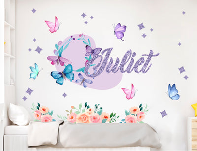 Decalques de flores para paredes - Adesivos de borboletas - Atualize seu nome personalizado