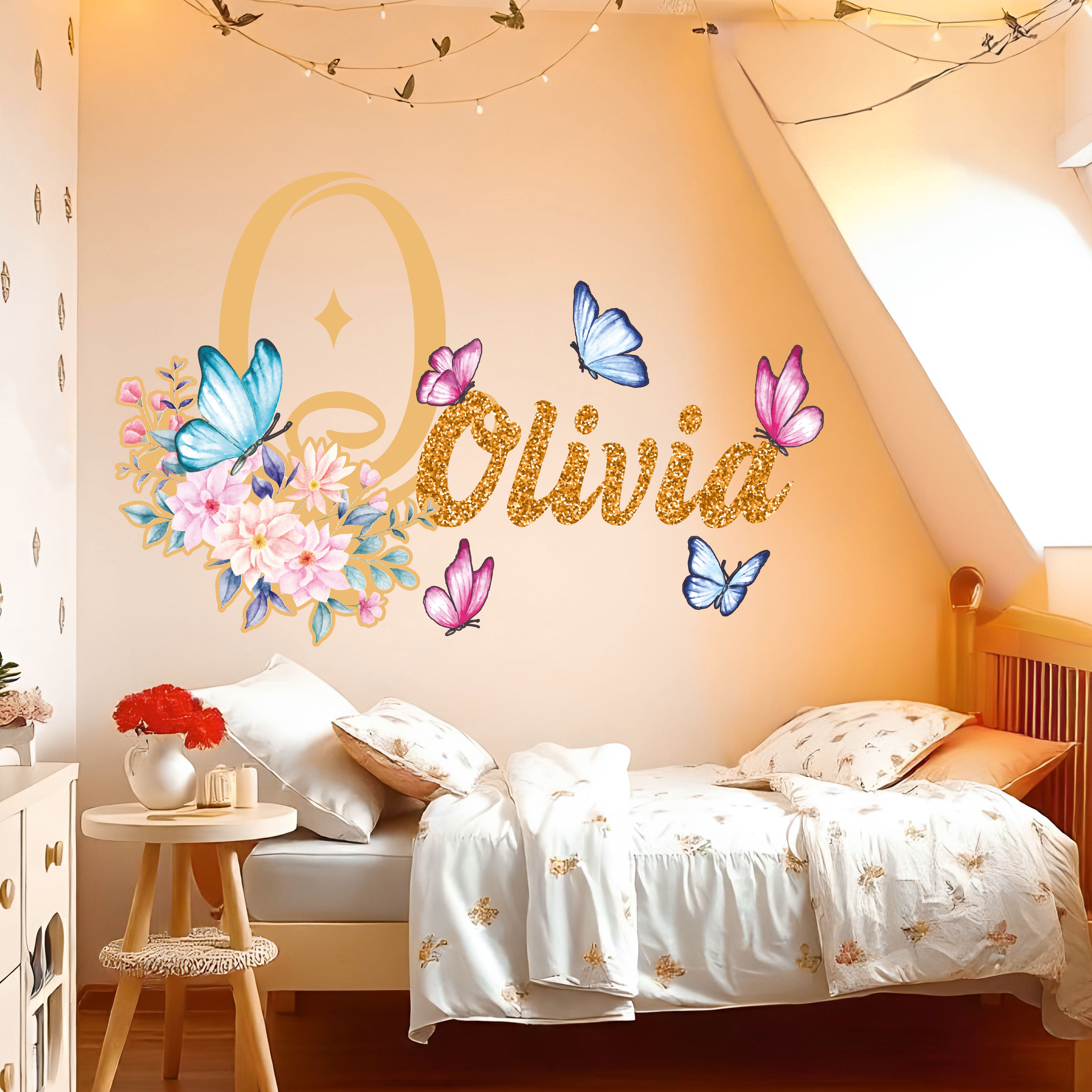 Adesivos de Parede Personalizados com Nome para Meninas - Decoração Infantil com Borboletas e Flores - Vinil Decorativo para Quarto Infantil