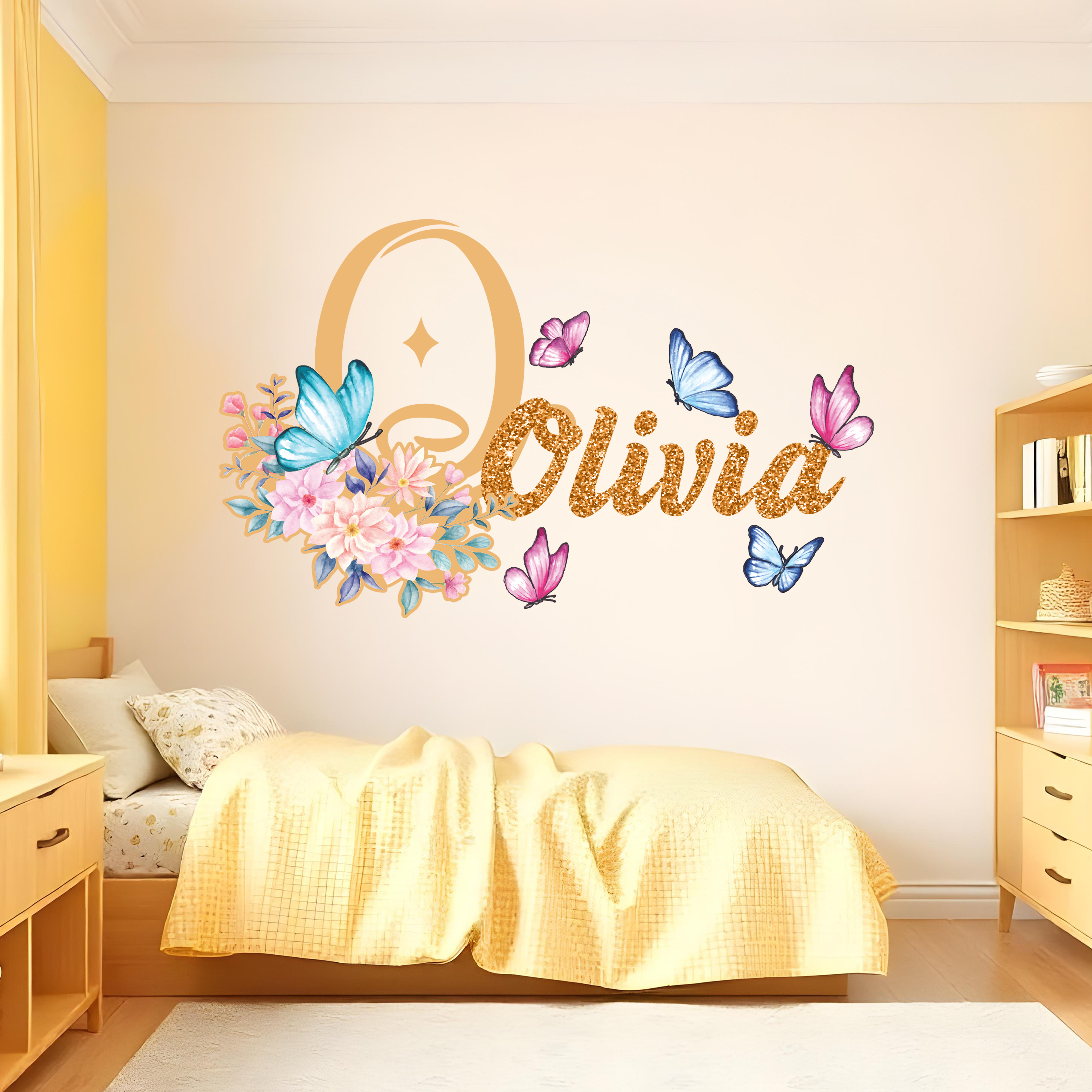 Adesivos de Parede Personalizados com Nome para Meninas - Decoração Infantil com Borboletas e Flores - Vinil Decorativo para Quarto Infantil