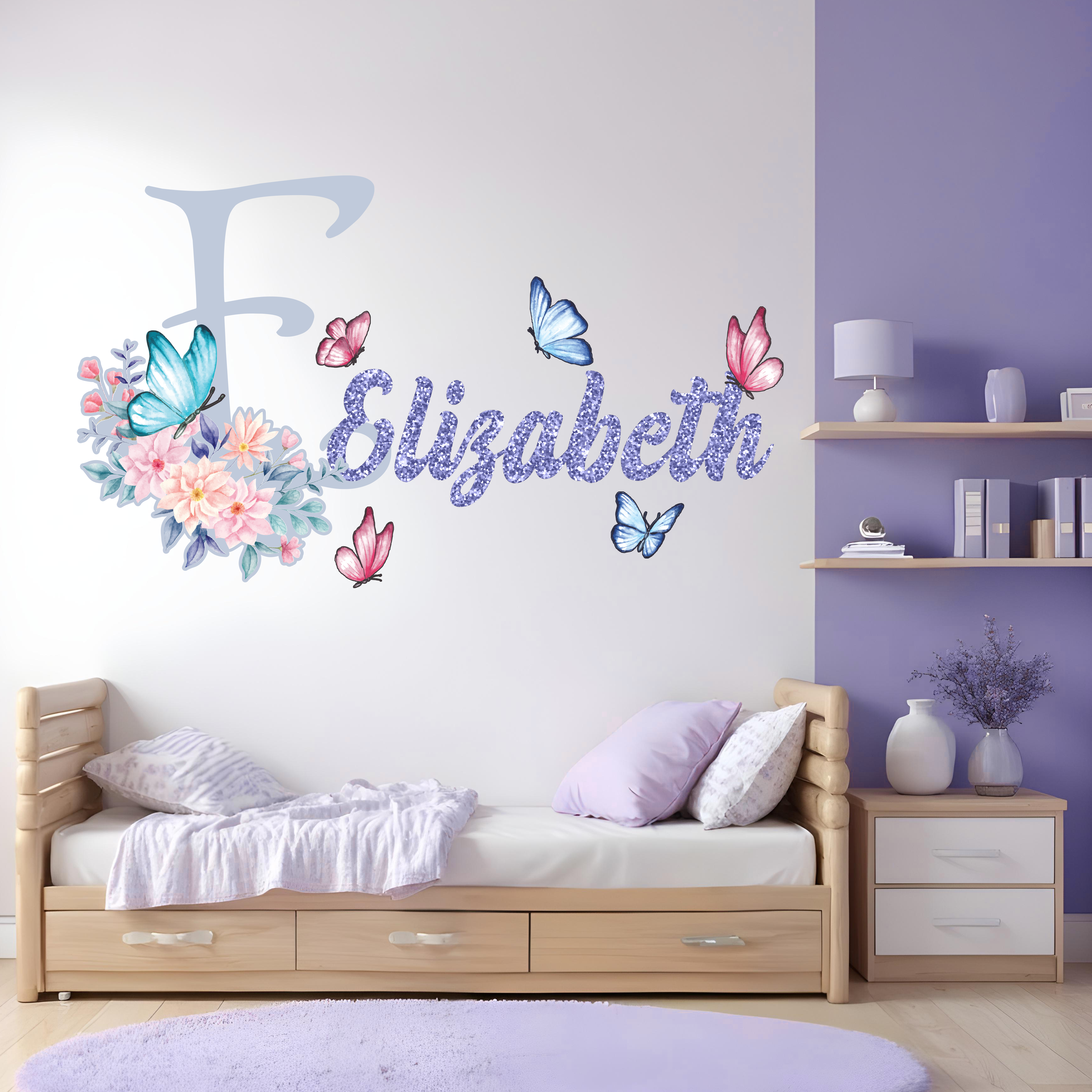 Adesivos de Parede Personalizados com Nome para Meninas - Decoração Infantil com Borboletas e Flores - Vinil Decorativo para Quarto Infantil