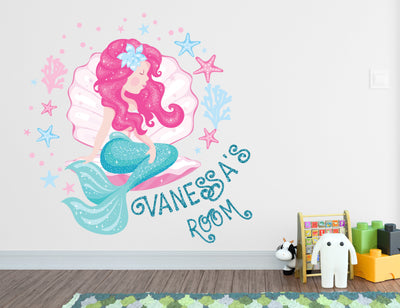 Little Mermaid Wall Decal Decor for Girls Bedroom - Large Mermaid Tail Stickers for Room Decor - Custom Name Pink Decal for Girls Room Baby