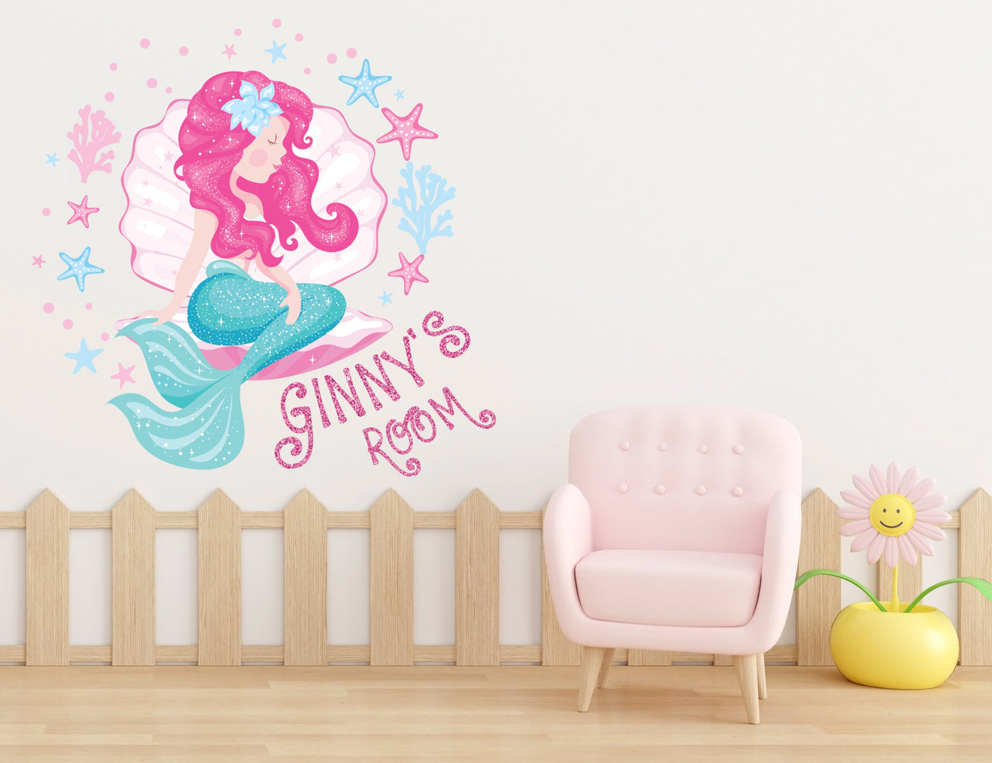 Decalque de parede da pequena sereia para quarto de meninas - Adesivos grandes de cauda de sereia para decoração de quarto - Decalque rosa com nome personalizado para quarto de meninas e bebês