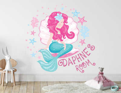 Decalque de parede da pequena sereia para quarto de meninas - Adesivos grandes de cauda de sereia para decoração de quarto - Decalque rosa com nome personalizado para quarto de meninas e bebês
