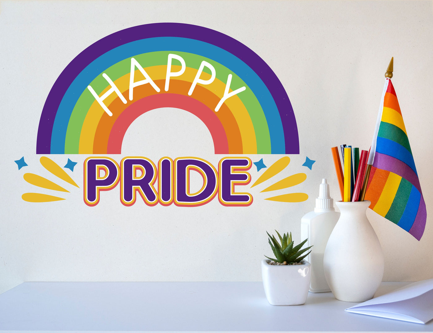 Happy Pride Wall Decal Decor for Dorm room - Rainbow Stickers for Room Decor - LGBT Pride Decal for Office- Pride Month Decor for Patio