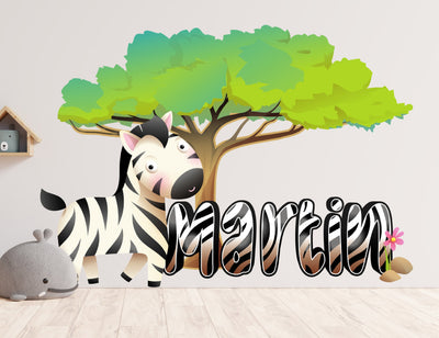 Decalques de parede zebra para decoração de quarto de crianças - Nome Safari para berçário de bebês - Decalque de parede zebra para quarto de meninos - Adesivo de animais para decalques de parede infantis