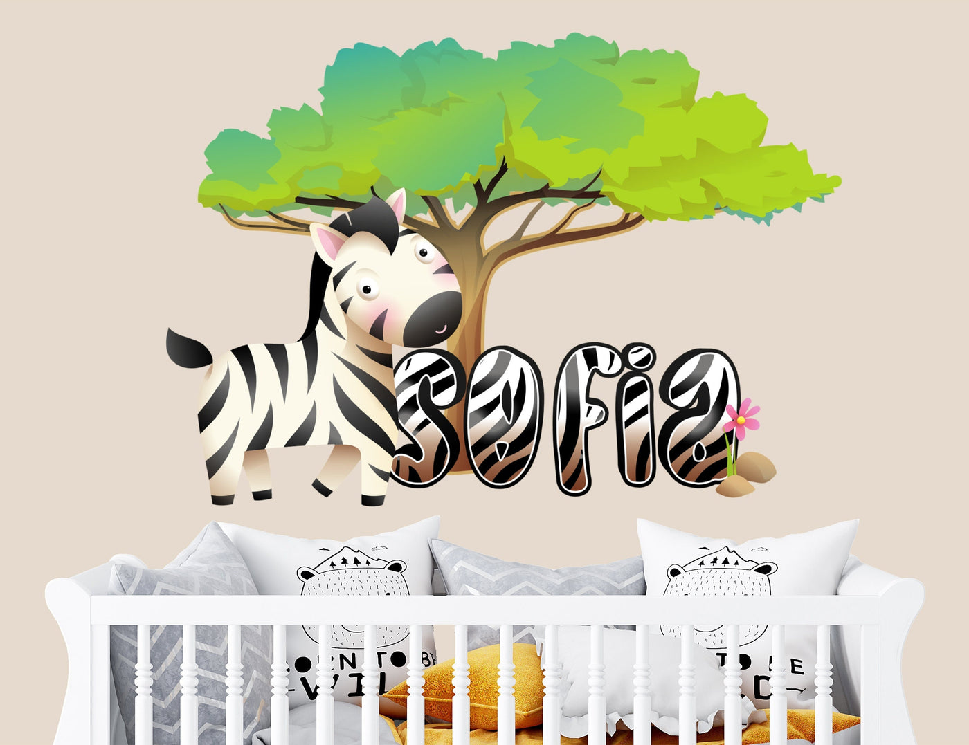 Decalques de parede zebra para decoração de quarto de crianças - Nome Safari para berçário de bebês - Decalque de parede zebra para quarto de meninos - Adesivo de animais para decalques de parede infantis
