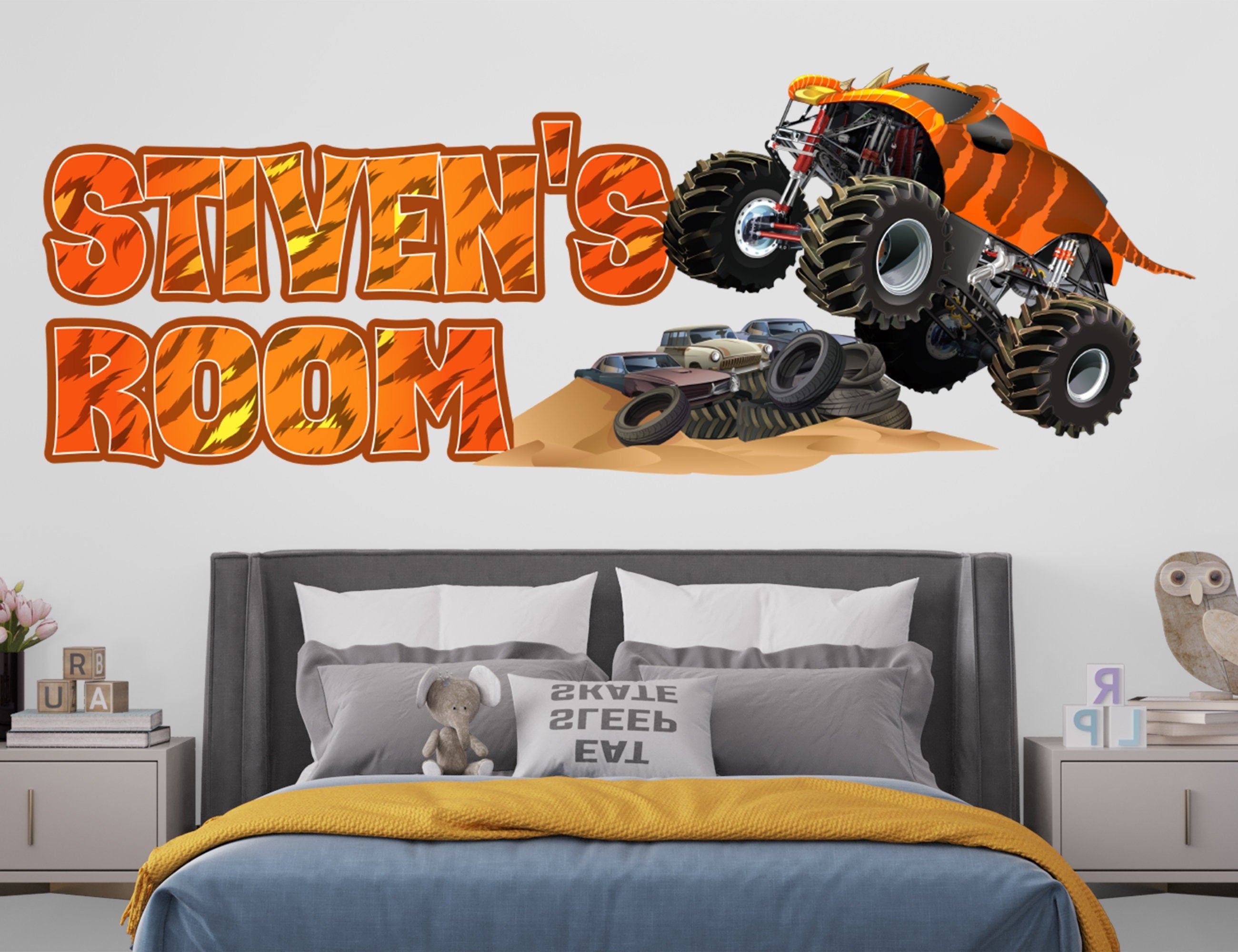 Monster Truck Custom Name Wall Decals - Truck Car Wall Decal Room Decor for Boys Bedroom - Kids Truck Sticker - Nursery Decor Wall Art