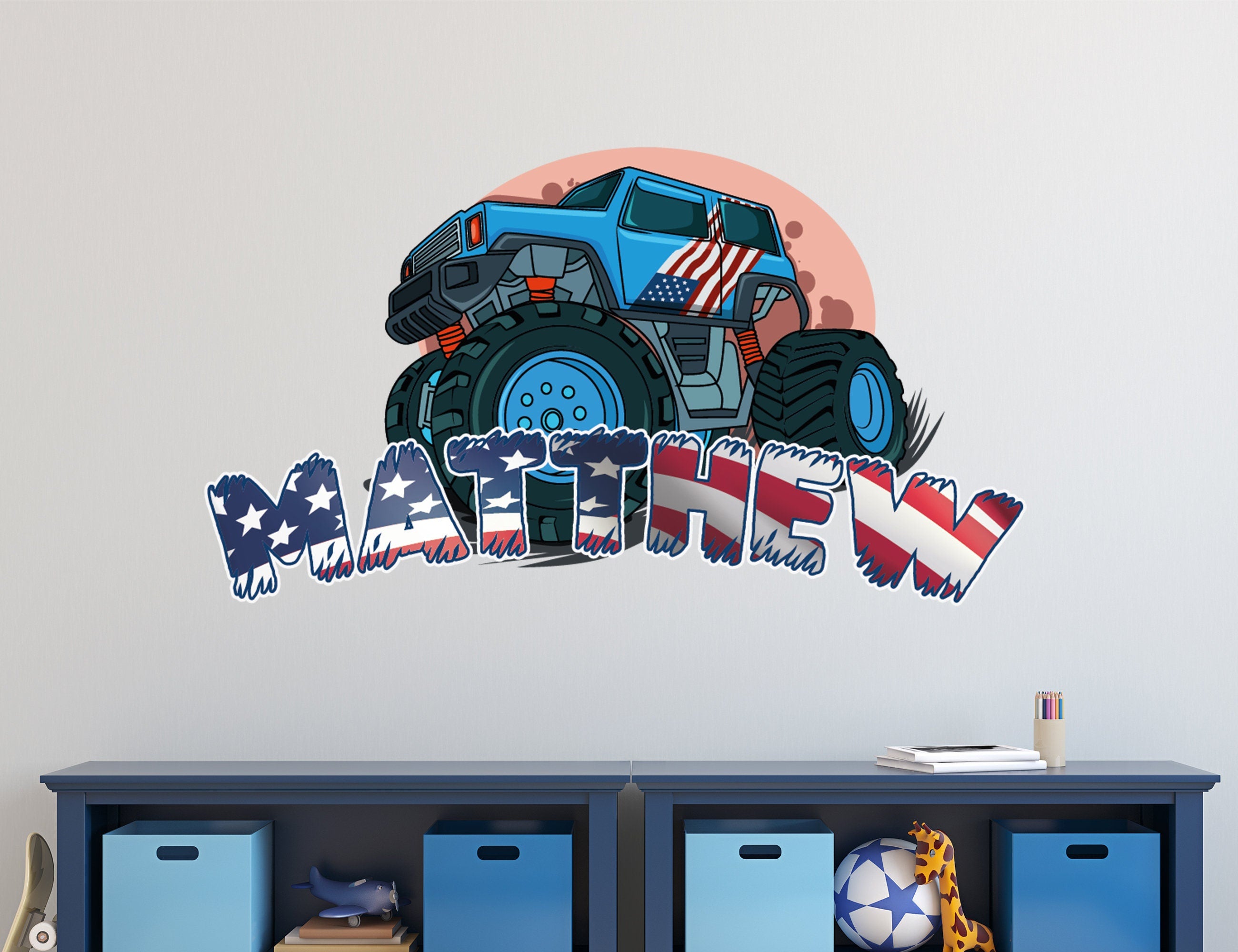 Personalized Monster Truck Wall Decals - American Truck Wall Decal Room Decor for Boys Bedroom - Custom Name Kids Sticker - Nursery Decor