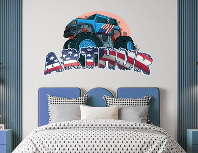 Personalized Monster Truck Wall Decals - American Truck Wall Decal Room Decor for Boys Bedroom - Custom Name Kids Sticker - Nursery Decor