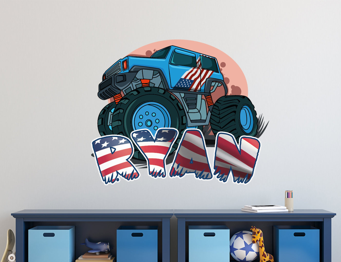 Personalized Monster Truck Wall Decals - American Truck Wall Decal Room Decor for Boys Bedroom - Custom Name Kids Sticker - Nursery Decor