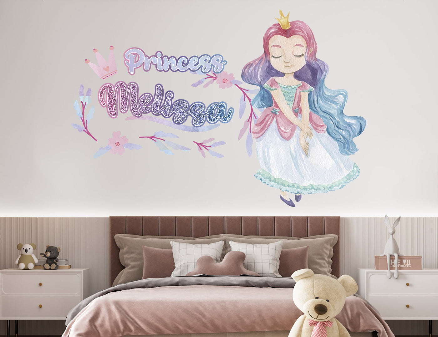Decalque de parede de princesa personalizado, nome personalizado para meninas, adesivos de parede para decoração de quarto de meninas, decalques de parede real, arte personalizada
