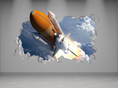 Decalque de parede de foguete - Decalque de parede 3D de ônibus espacial - Decoração de quarto com tema espacial - Adesivo de espaço sideral - Foguete da era espacial 3d - Arte de nave espacial
