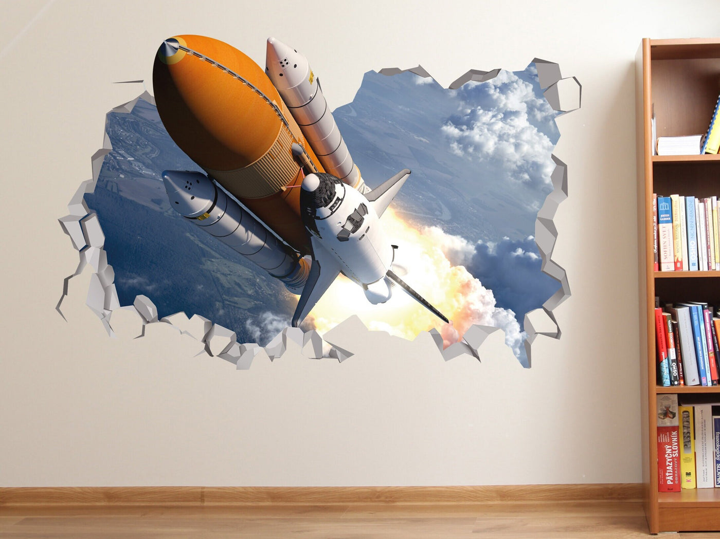 Decalque de parede de foguete - Decalque de parede 3D de ônibus espacial - Decoração de quarto com tema espacial - Adesivo de espaço sideral - Foguete da era espacial 3d - Arte de nave espacial