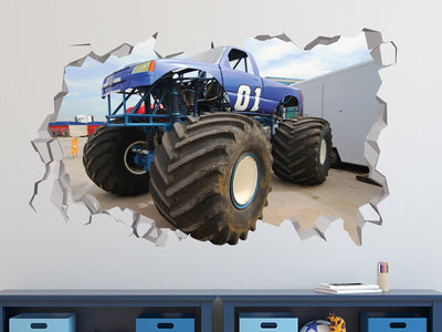 Decalque de parede azul de caminhão - Decoração de monstro azul de caminhão - Arte 3D de carro de caminhão - Adesivos de monstro de caminhão de carro - Decalque de quarto removível azul de caminhão berçário