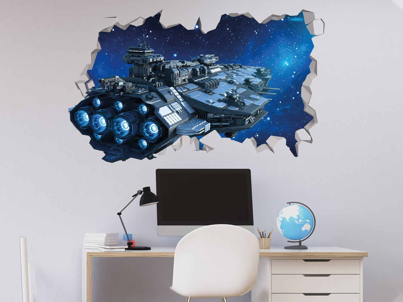 Decalque de parede de nave espacial - Decoração de parede de sala de estar de nave espacial - Decalque de parede de foguete - Arte de máquina espacial 3d - Arte de parede de galáxia - Ônibus espacial 3d
