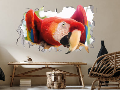 Decalque de parede de arara - Adesivo de arara - Arara vermelha e amarela - Amuleto de arara escarlate - Ornamento de arara - Decoração de arte 3d de arara - Animal de arara tropical