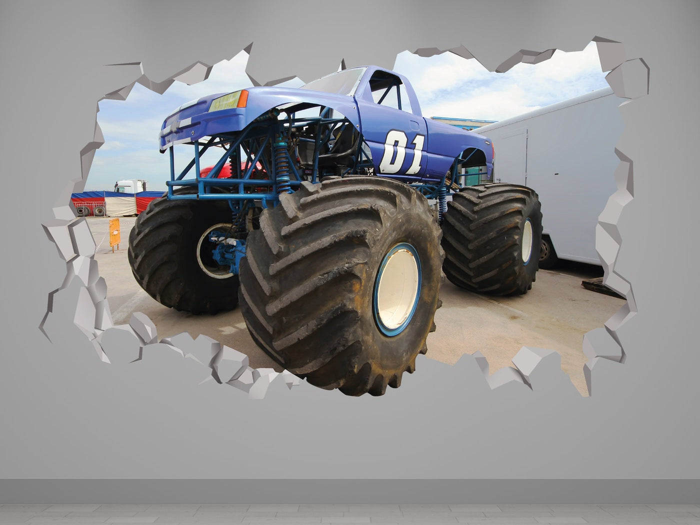Decalque de parede azul de caminhão - Decoração de monstro azul de caminhão - Arte 3D de carro de caminhão - Adesivos de monstro de caminhão de carro - Decalque de quarto removível azul de caminhão berçário