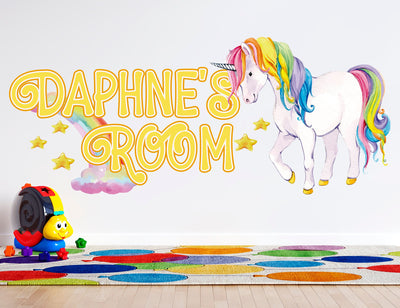Decalque de parede com nome de unicórnio arco-íris - Decoração de quarto de unicórnio personalizada para meninas - Decoração de quarto infantil - Decalque de parede personalizado - Adesivos de unicórnio