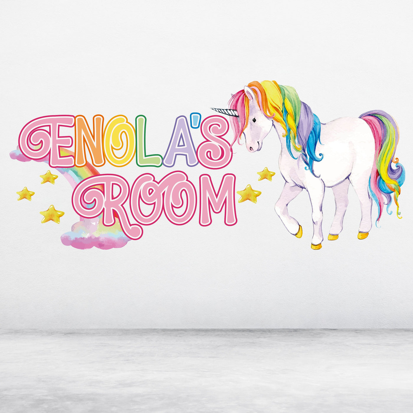 Decalque de parede com nome de unicórnio arco-íris - Decoração de quarto de unicórnio personalizada para meninas - Decoração de quarto infantil - Decalque de parede personalizado - Adesivos de unicórnio